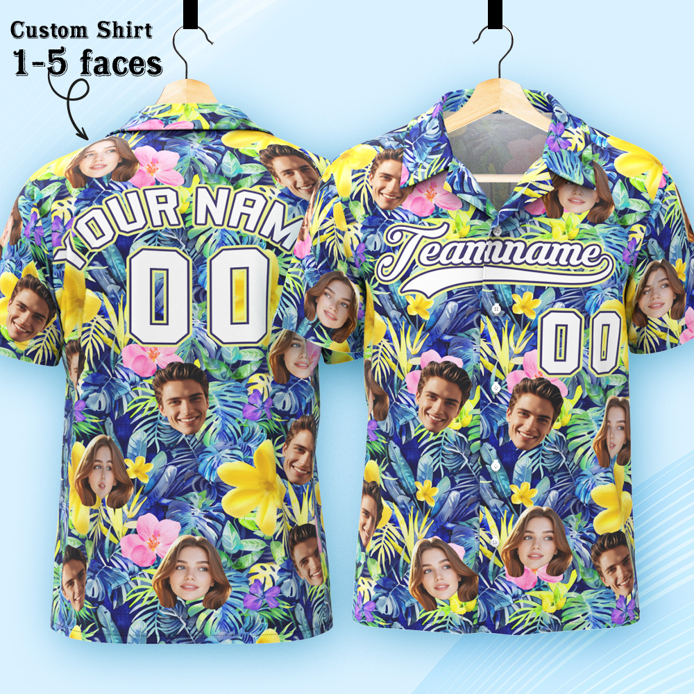 Custom Hawaiian Shirt with Face Teamname Name Number Personalized Hawaii Floral Shirt for Men Women - makephotopuzzleuk