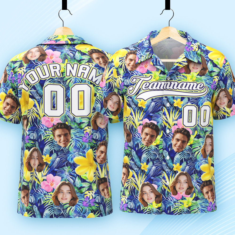 Custom Hawaiian Shirt with Face Teamname Name Number Personalized Hawaii Floral Shirt for Men Women - makephotopuzzleuk
