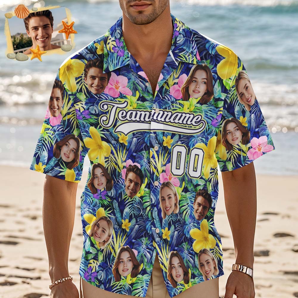 Custom Hawaiian Shirt with Face Teamname Name Number Personalized Hawaii Floral Shirt for Men Women - makephotopuzzleuk