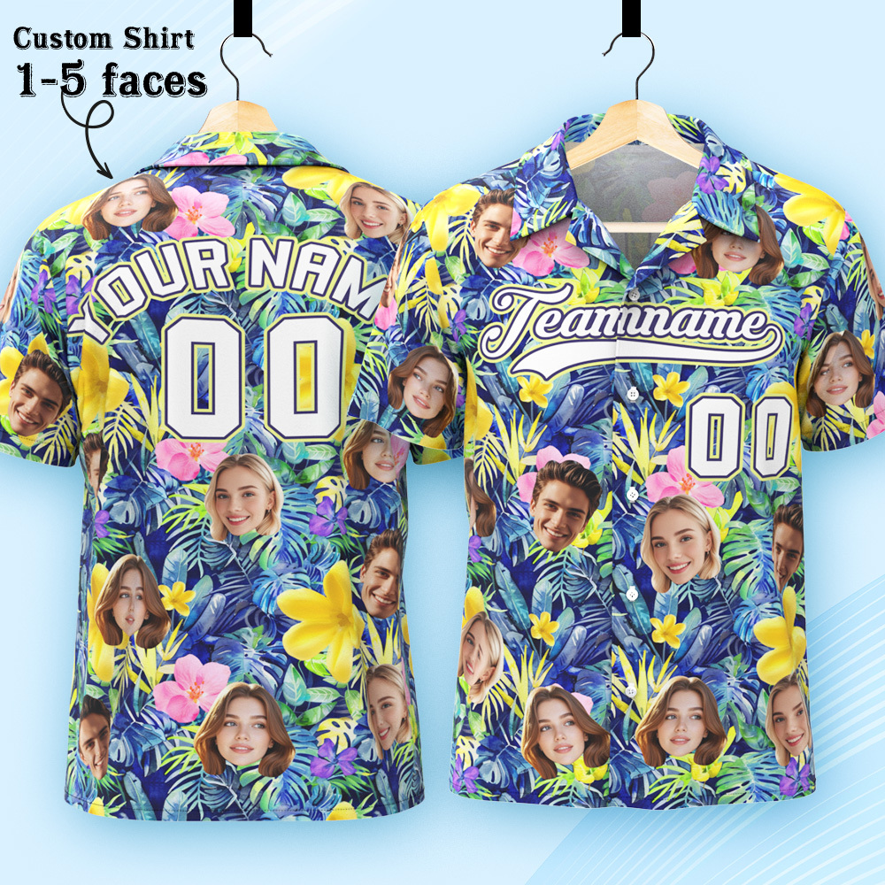 Custom Hawaiian Shirt with Face Teamname Name Number Personalized Hawaii Floral Shirt for Men Women - makephotopuzzleuk