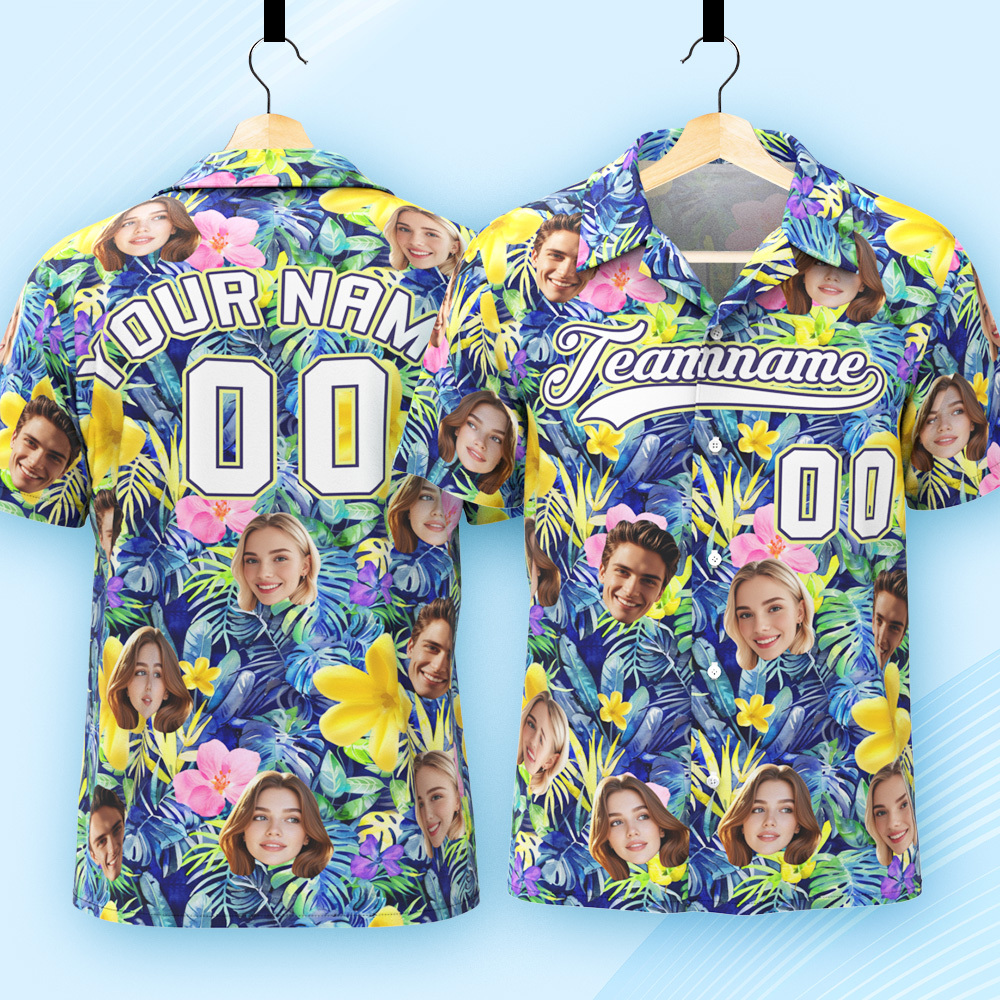 Custom Hawaiian Shirt with Face Teamname Name Number Personalized Hawaii Floral Shirt for Men Women - makephotopuzzleuk