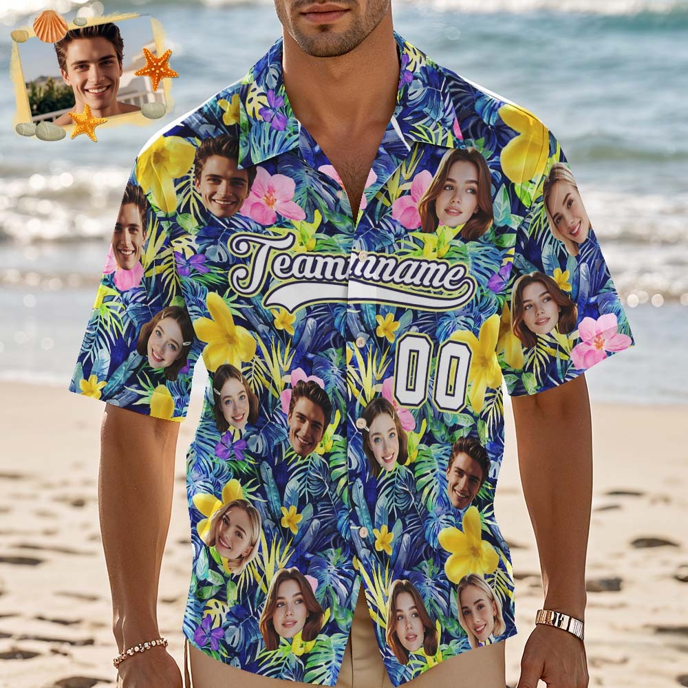 Custom Hawaiian Shirt with Face Teamname Name Number Personalized Hawaii Floral Shirt for Men Women - makephotopuzzleuk