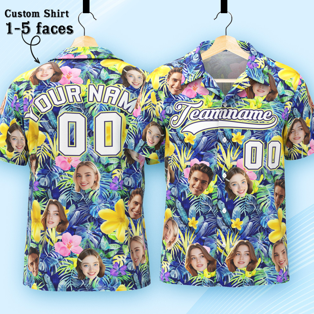 Custom Hawaiian Shirt with Face Teamname Name Number Personalized Hawaii Floral Shirt for Men Women - makephotopuzzleuk