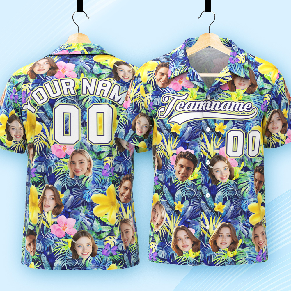 Custom Hawaiian Shirt with Face Teamname Name Number Personalized Hawaii Floral Shirt for Men Women - makephotopuzzleuk