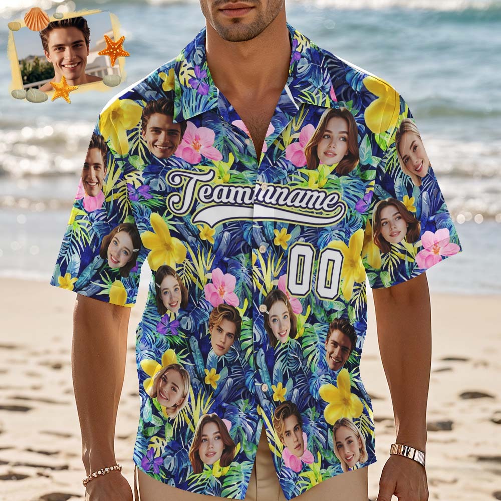 Custom Hawaiian Shirt with Face Teamname Name Number Personalized Hawaii Floral Shirt for Men Women - makephotopuzzleuk