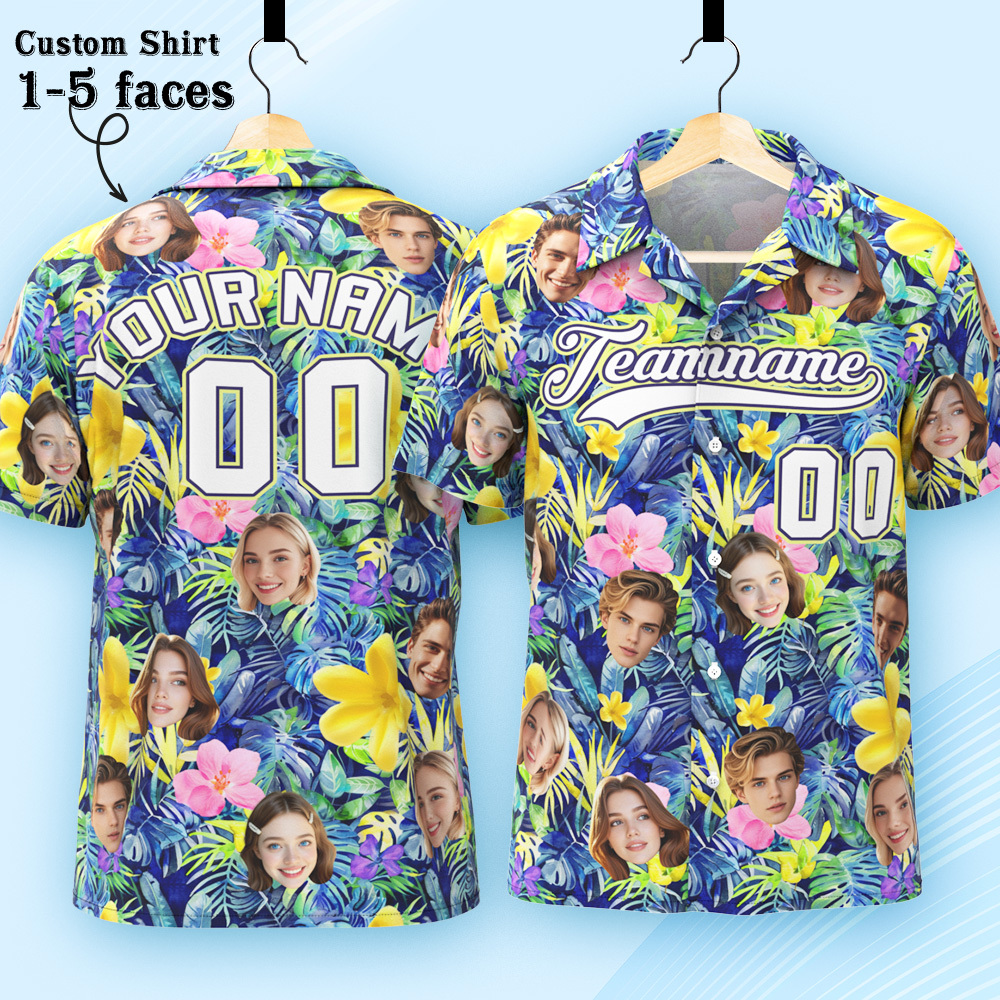 Custom Hawaiian Shirt with Face Teamname Name Number Personalized Hawaii Floral Shirt for Men Women - makephotopuzzleuk
