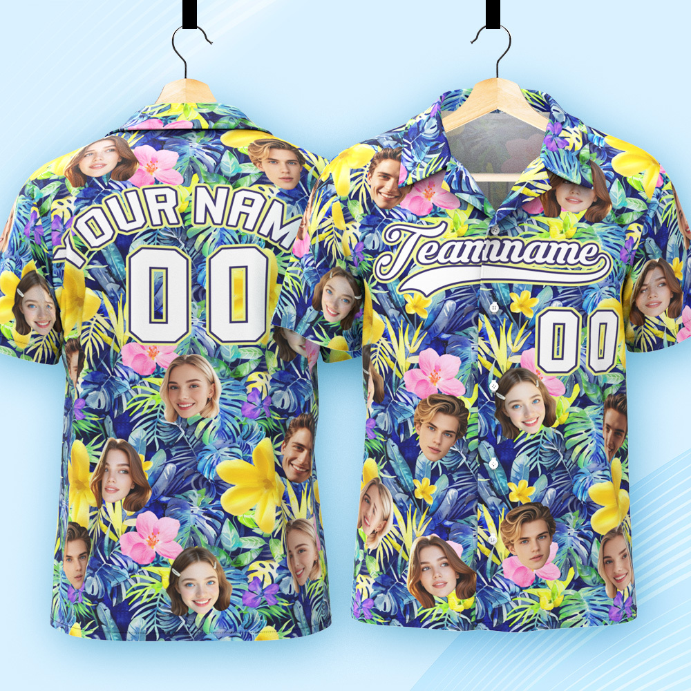 Custom Hawaiian Shirt with Face Teamname Name Number Personalized Hawaii Floral Shirt for Men Women - makephotopuzzleuk