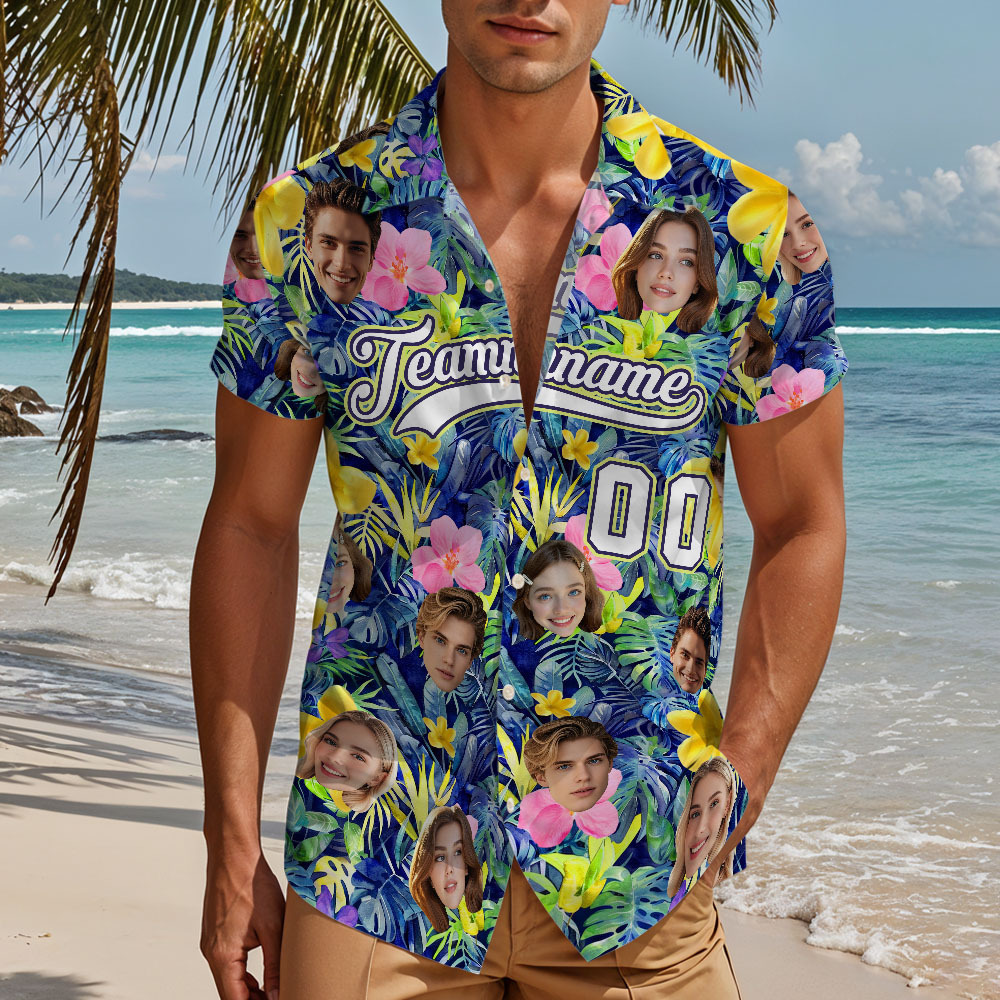 Custom Hawaiian Shirt with Face Teamname Name Number Personalized Hawaii Floral Shirt for Men Women - makephotopuzzleuk