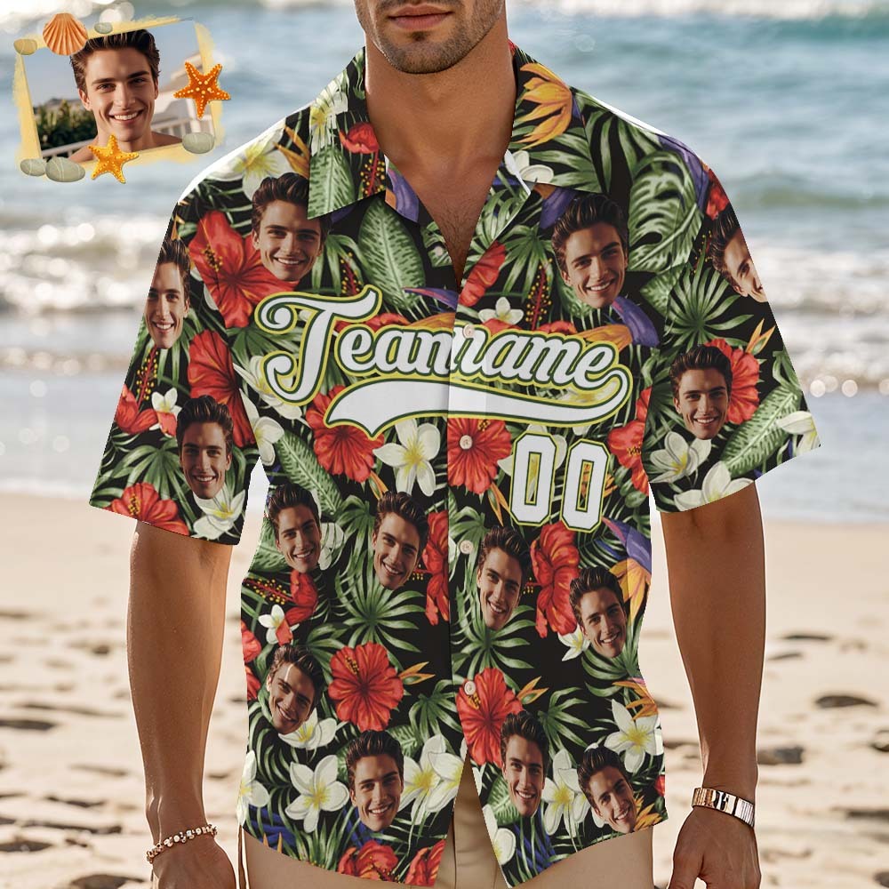 Custom Hawaiian Shirt with Face Teamname Name Number Personalized Hawaii Floral Shirt for Men Women - makephotopuzzleuk