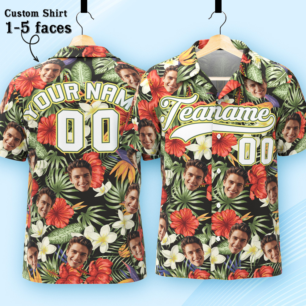 Custom Hawaiian Shirt with Face Teamname Name Number Personalized Hawaii Floral Shirt for Men Women - makephotopuzzleuk