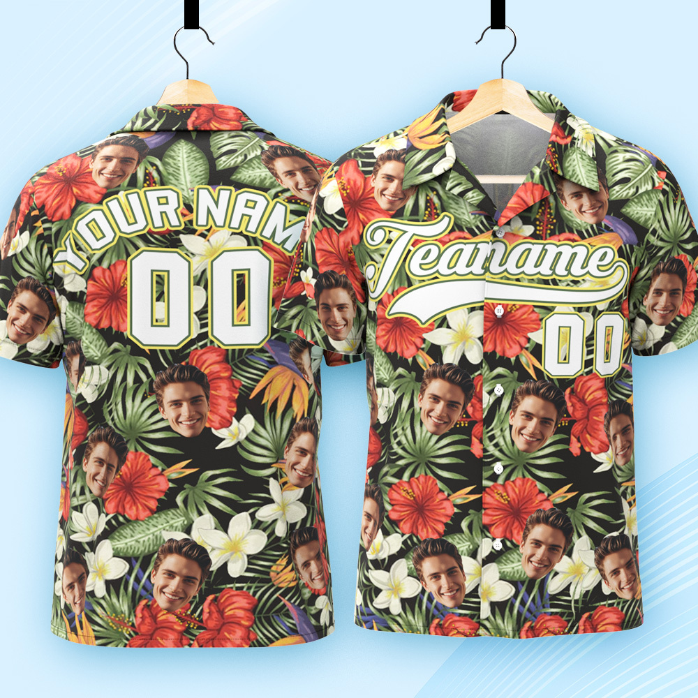 Custom Hawaiian Shirt with Face Teamname Name Number Personalized Hawaii Floral Shirt for Men Women - makephotopuzzleuk