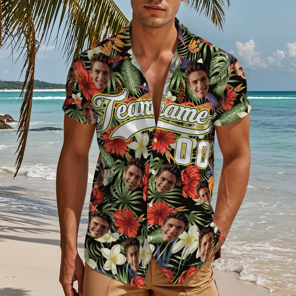 Custom Hawaiian Shirt with Face Teamname Name Number Personalized Hawaii Floral Shirt for Men Women - makephotopuzzleuk
