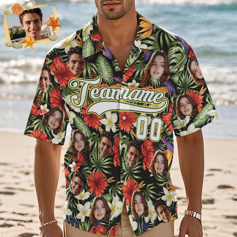 Custom Hawaiian Shirt with Face Teamname Name Number Personalized Hawaii Floral Shirt for Men Women - makephotopuzzleuk