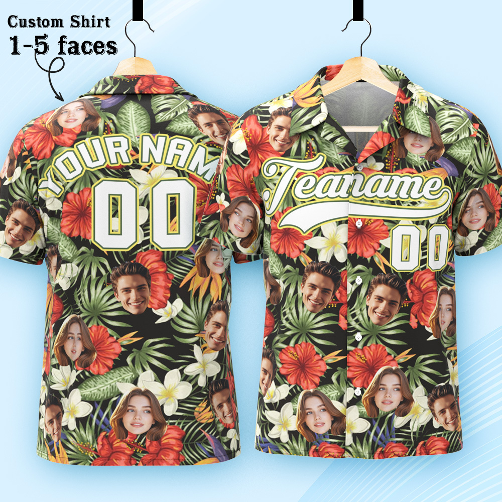 Custom Hawaiian Shirt with Face Teamname Name Number Personalized Hawaii Floral Shirt for Men Women - makephotopuzzleuk