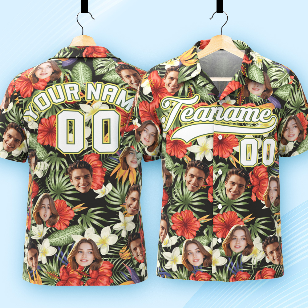 Custom Hawaiian Shirt with Face Teamname Name Number Personalized Hawaii Floral Shirt for Men Women - makephotopuzzleuk