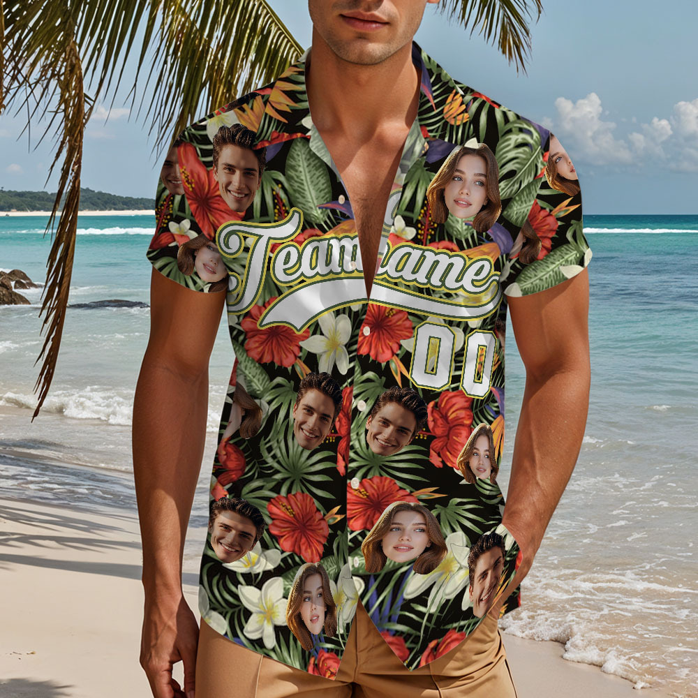 Custom Hawaiian Shirt with Face Teamname Name Number Personalized Hawaii Floral Shirt for Men Women - makephotopuzzleuk