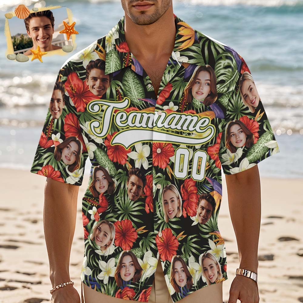 Custom Hawaiian Shirt with Face Teamname Name Number Personalized Hawaii Floral Shirt for Men Women - makephotopuzzleuk