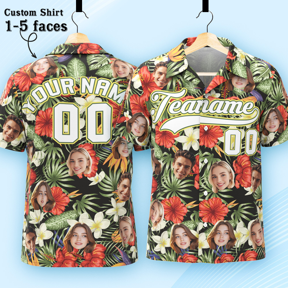 Custom Hawaiian Shirt with Face Teamname Name Number Personalized Hawaii Floral Shirt for Men Women - makephotopuzzleuk