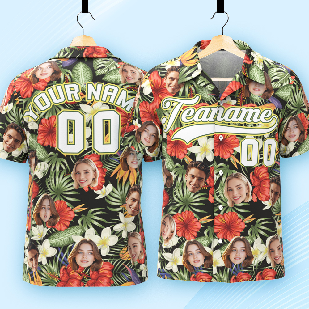 Custom Hawaiian Shirt with Face Teamname Name Number Personalized Hawaii Floral Shirt for Men Women - makephotopuzzleuk