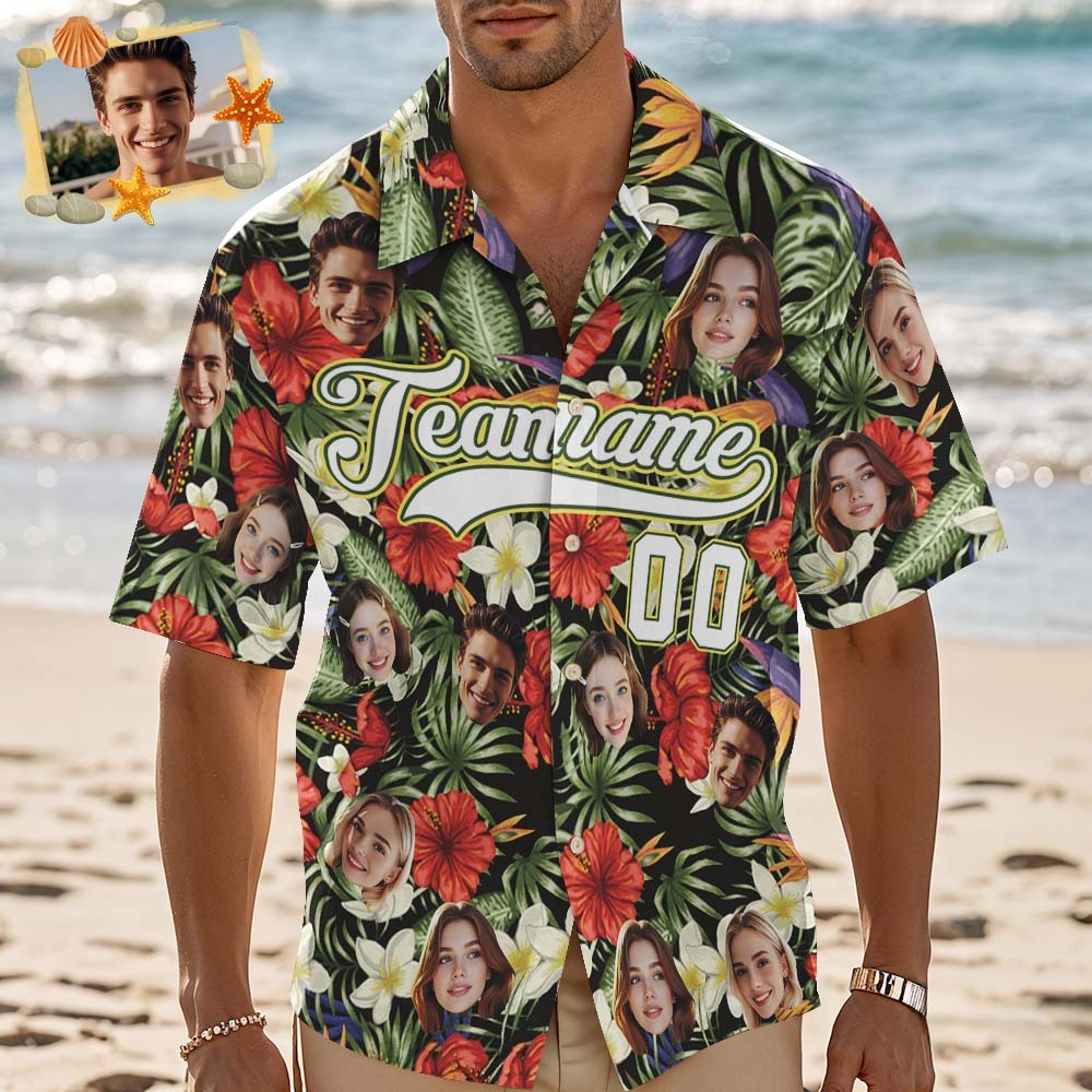 Custom Hawaiian Shirt with Face Teamname Name Number Personalized Hawaii Floral Shirt for Men Women - makephotopuzzleuk