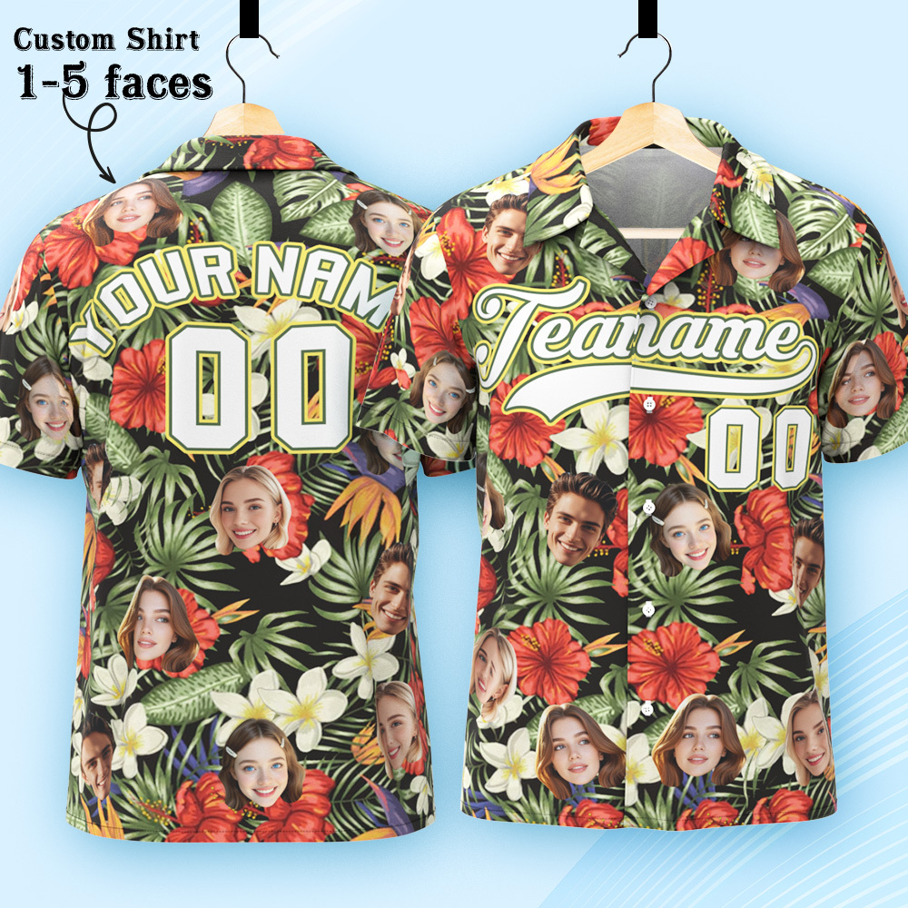 Custom Hawaiian Shirt with Face Teamname Name Number Personalized Hawaii Floral Shirt for Men Women - makephotopuzzleuk