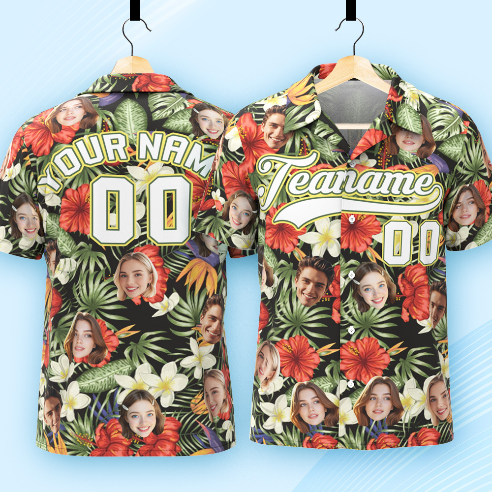 Custom Hawaiian Shirt with Face Teamname Name Number Personalized Hawaii Floral Shirt for Men Women - makephotopuzzleuk