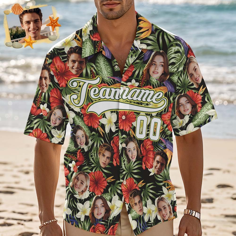 Custom Hawaiian Shirt with Face Teamname Name Number Personalized Hawaii Floral Shirt for Men Women - makephotopuzzleuk