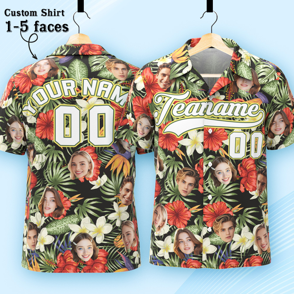 Custom Hawaiian Shirt with Face Teamname Name Number Personalized Hawaii Floral Shirt for Men Women - makephotopuzzleuk
