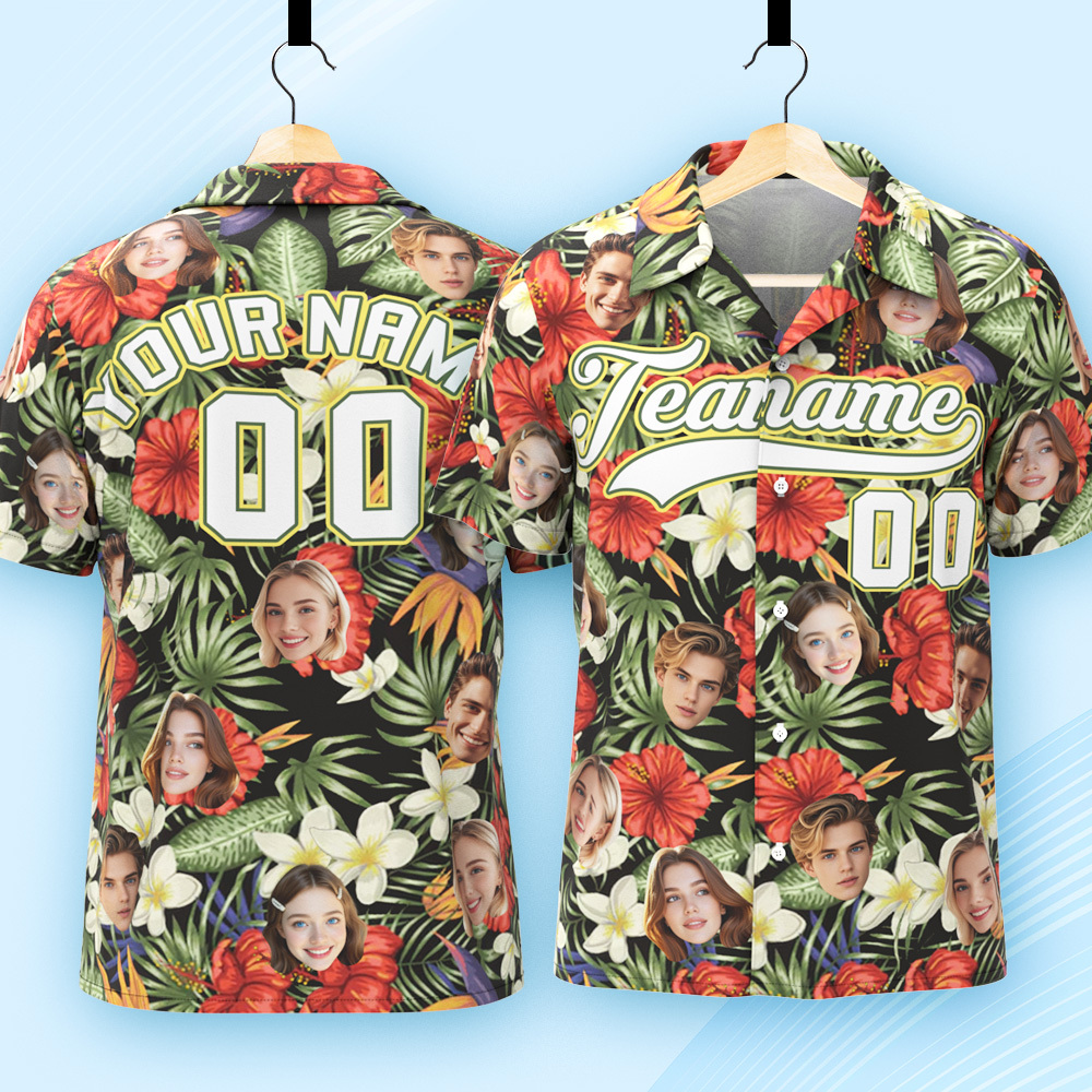 Custom Hawaiian Shirt with Face Teamname Name Number Personalized Hawaii Floral Shirt for Men Women - makephotopuzzleuk
