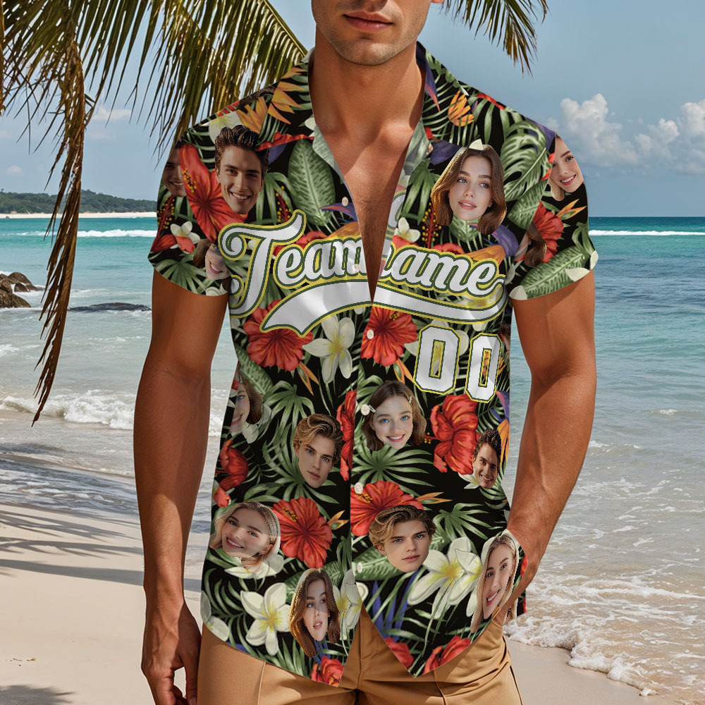 Custom Hawaiian Shirt with Face Teamname Name Number Personalized Hawaii Floral Shirt for Men Women - makephotopuzzleuk