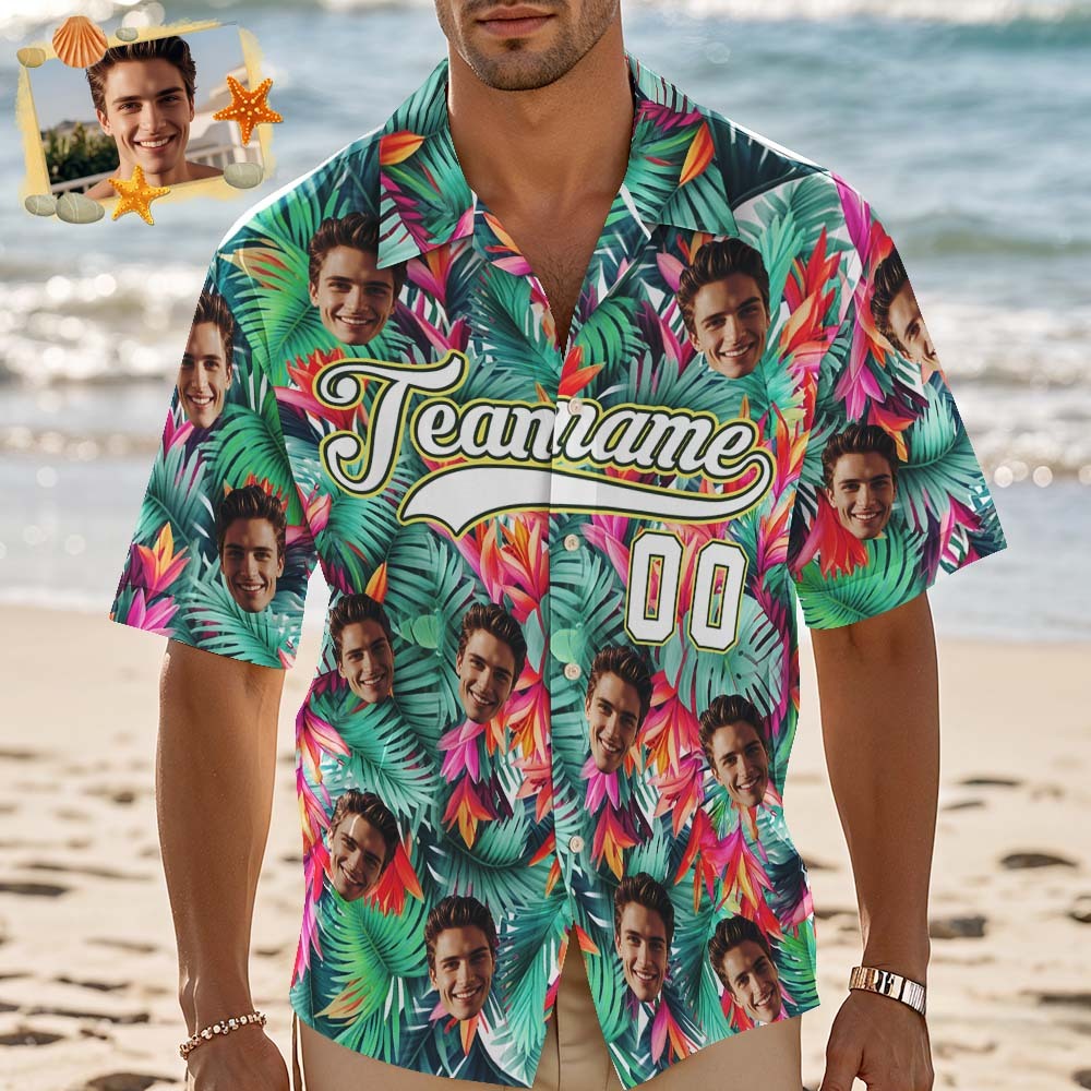 Custom Hawaiian Shirt with Face Teamname Name Number Personalized Hawaii Floral Shirt for Men Women - makephotopuzzleuk