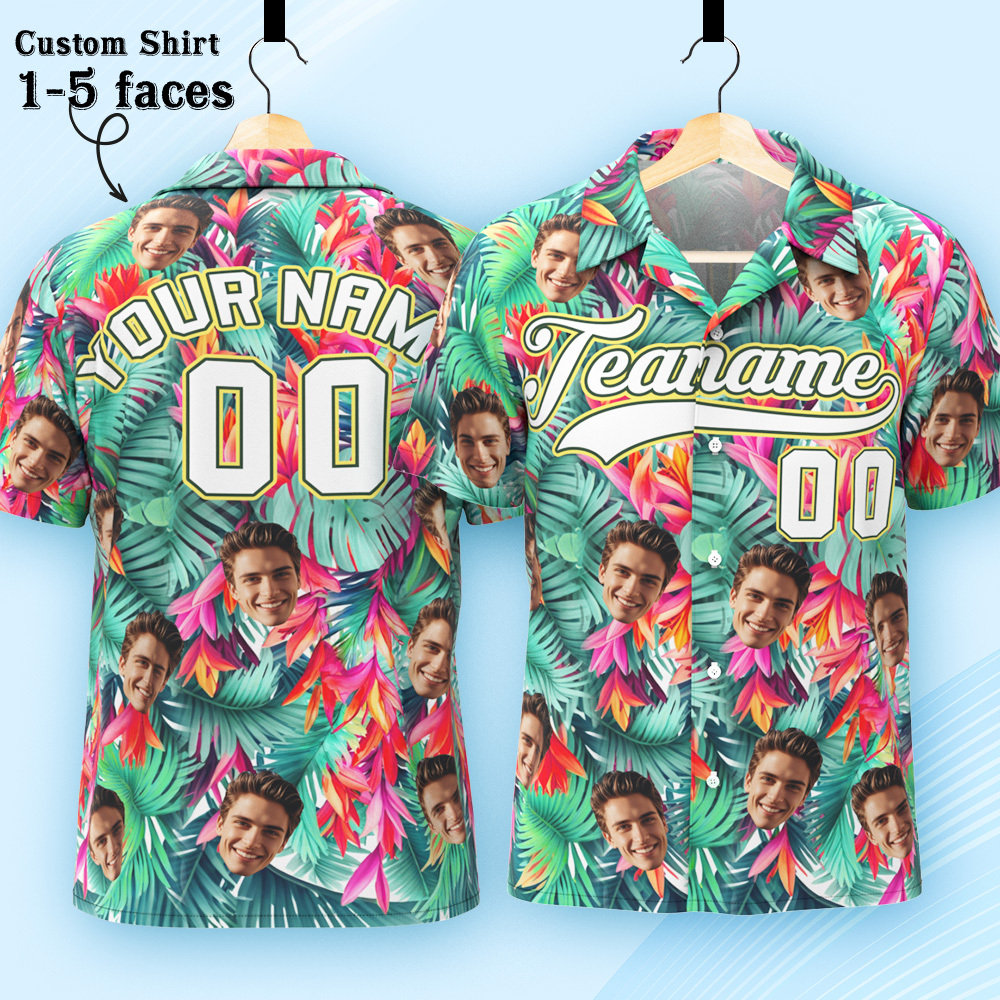 Custom Hawaiian Shirt with Face Teamname Name Number Personalized Hawaii Floral Shirt for Men Women - makephotopuzzleuk
