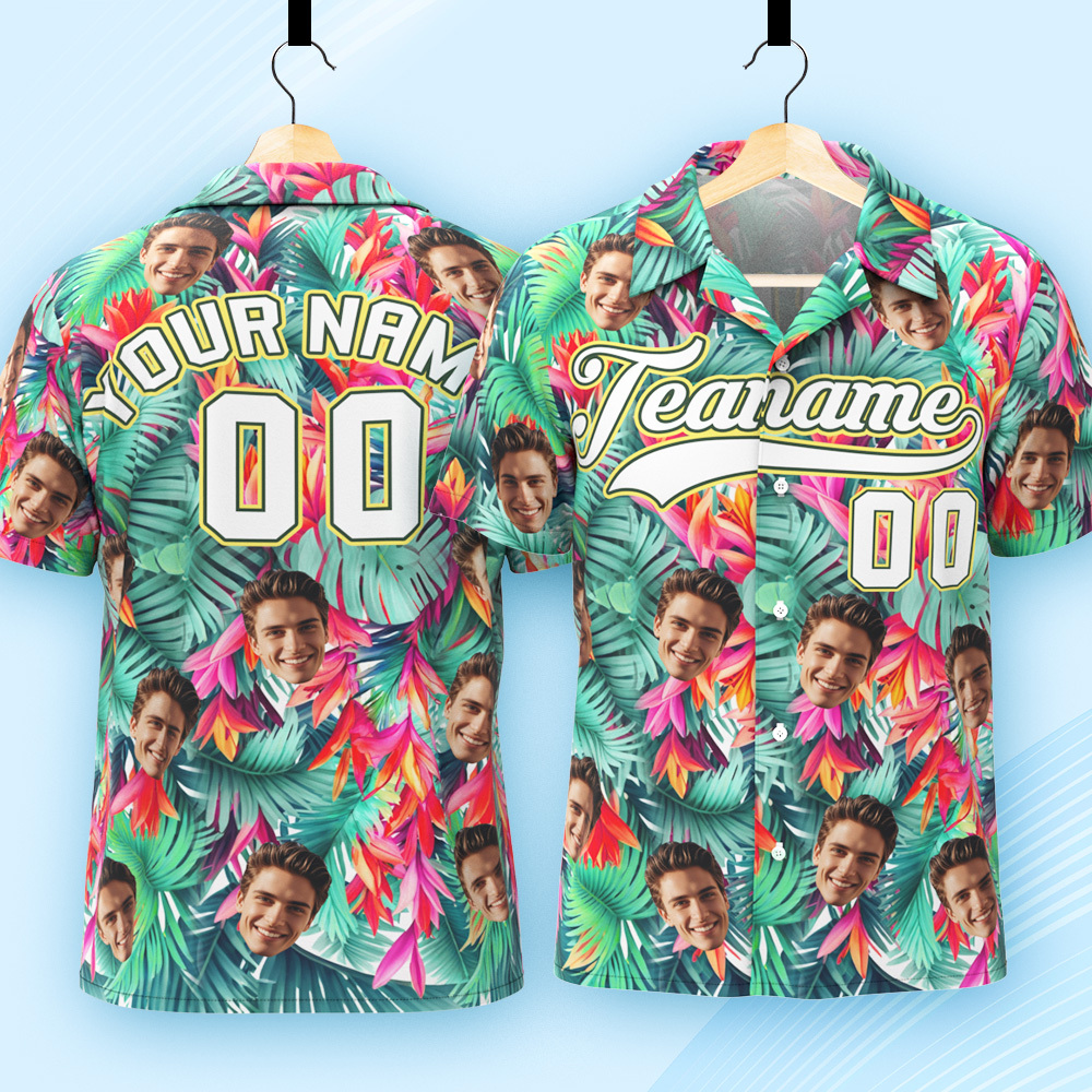 Custom Hawaiian Shirt with Face Teamname Name Number Personalized Hawaii Floral Shirt for Men Women - makephotopuzzleuk