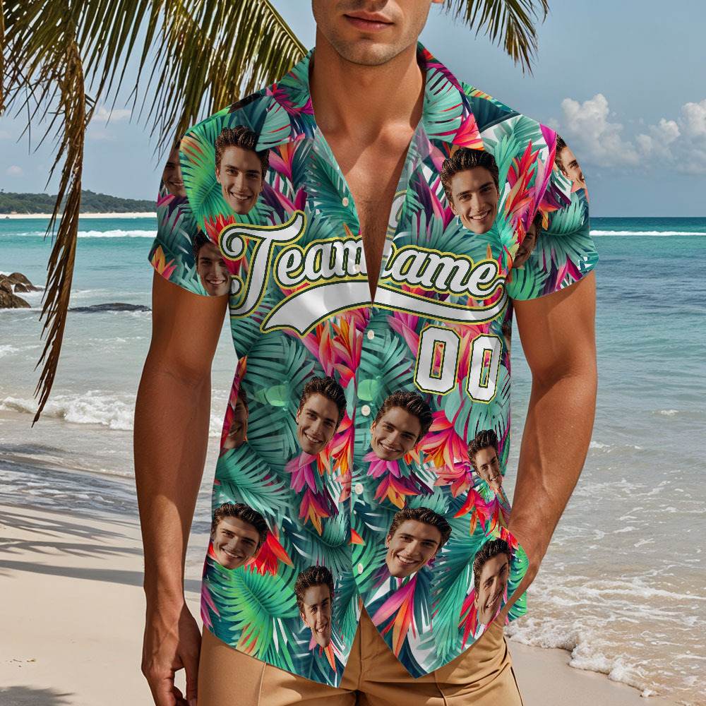 Custom Hawaiian Shirt with Face Teamname Name Number Personalized Hawaii Floral Shirt for Men Women - makephotopuzzleuk