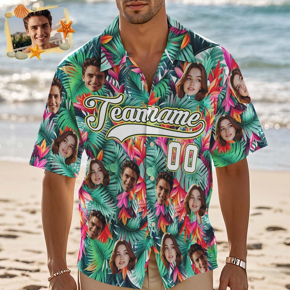 Custom Hawaiian Shirt with Face Teamname Name Number Personalized Hawaii Floral Shirt for Men Women - makephotopuzzleuk