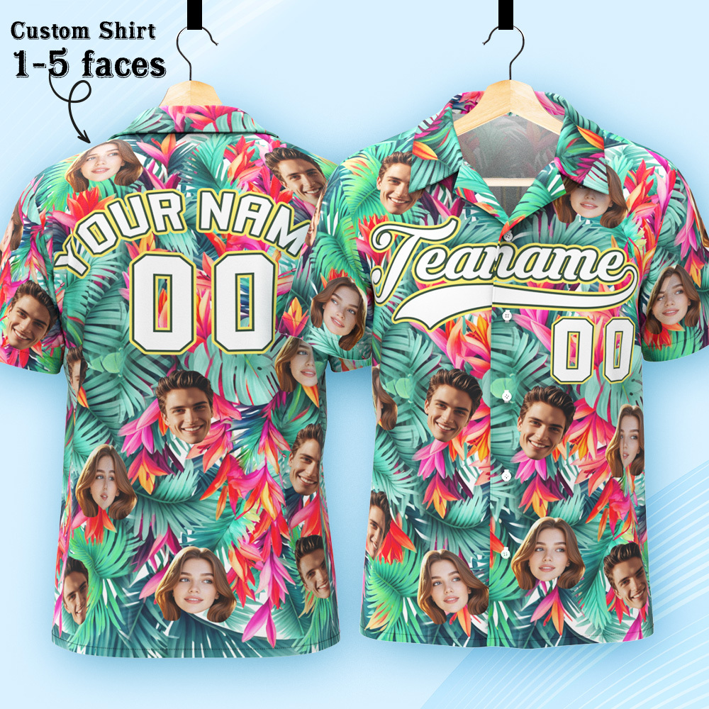 Custom Hawaiian Shirt with Face Teamname Name Number Personalized Hawaii Floral Shirt for Men Women - makephotopuzzleuk