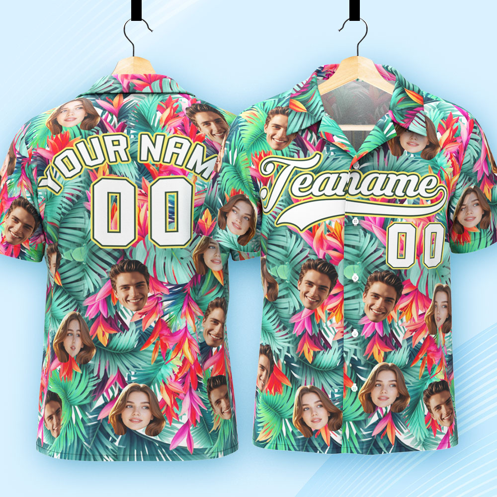 Custom Hawaiian Shirt with Face Teamname Name Number Personalized Hawaii Floral Shirt for Men Women - makephotopuzzleuk