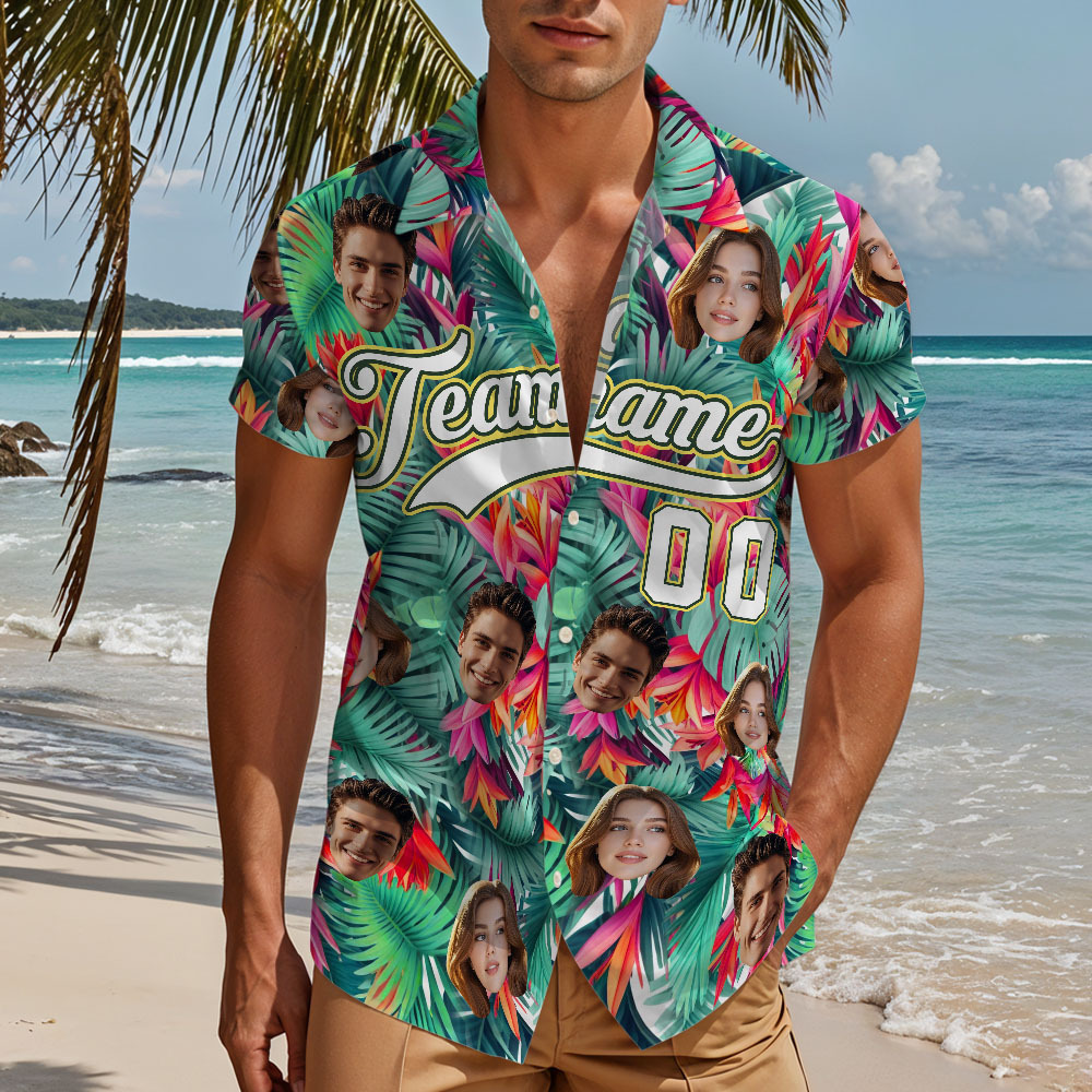 Custom Hawaiian Shirt with Face Teamname Name Number Personalized Hawaii Floral Shirt for Men Women - makephotopuzzleuk
