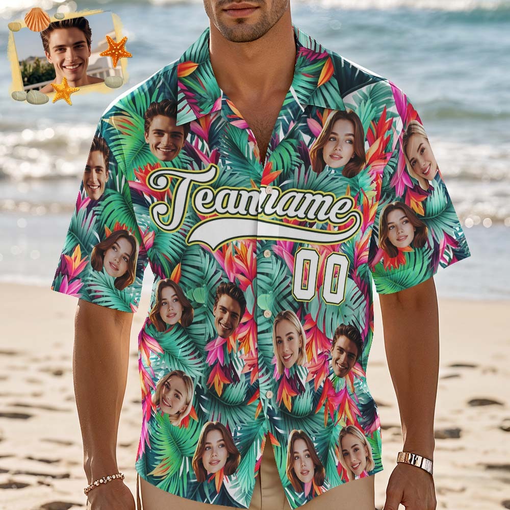 Custom Hawaiian Shirt with Face Teamname Name Number Personalized Hawaii Floral Shirt for Men Women - makephotopuzzleuk