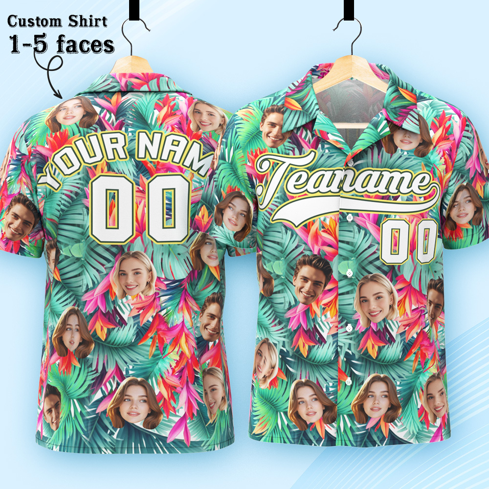 Custom Hawaiian Shirt with Face Teamname Name Number Personalized Hawaii Floral Shirt for Men Women - makephotopuzzleuk