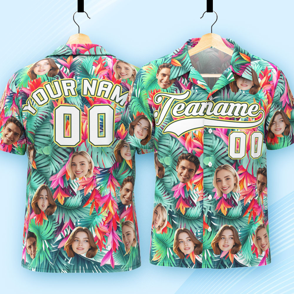 Custom Hawaiian Shirt with Face Teamname Name Number Personalized Hawaii Floral Shirt for Men Women - makephotopuzzleuk