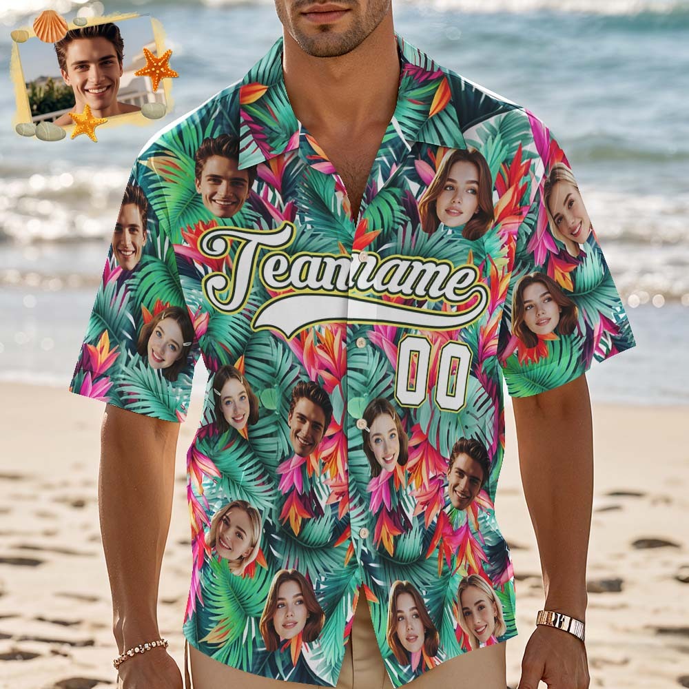Custom Hawaiian Shirt with Face Teamname Name Number Personalized Hawaii Floral Shirt for Men Women - makephotopuzzleuk