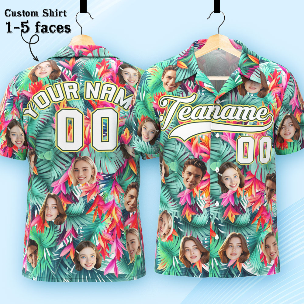 Custom Hawaiian Shirt with Face Teamname Name Number Personalized Hawaii Floral Shirt for Men Women - makephotopuzzleuk