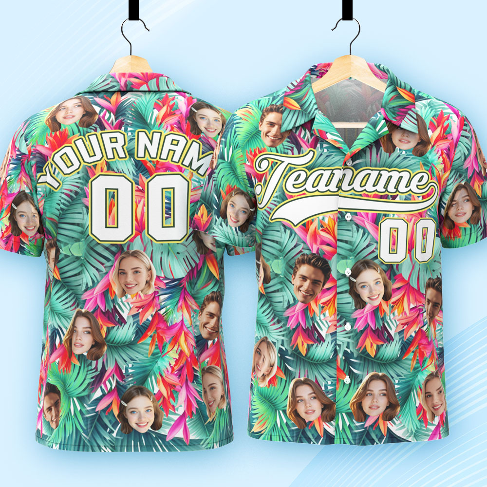 Custom Hawaiian Shirt with Face Teamname Name Number Personalized Hawaii Floral Shirt for Men Women - makephotopuzzleuk