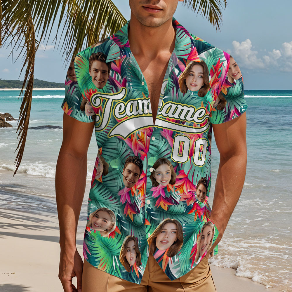 Custom Hawaiian Shirt with Face Teamname Name Number Personalized Hawaii Floral Shirt for Men Women - makephotopuzzleuk