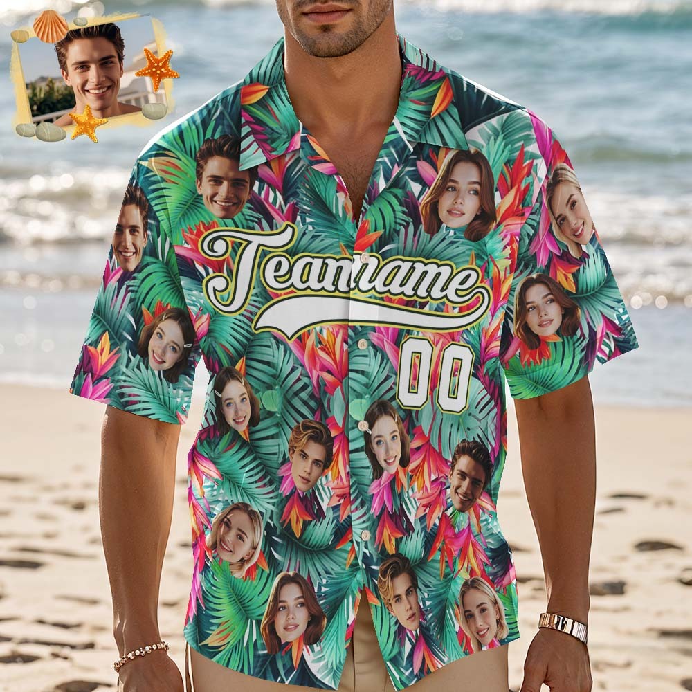 Custom Hawaiian Shirt with Face Teamname Name Number Personalized Hawaii Floral Shirt for Men Women - makephotopuzzleuk