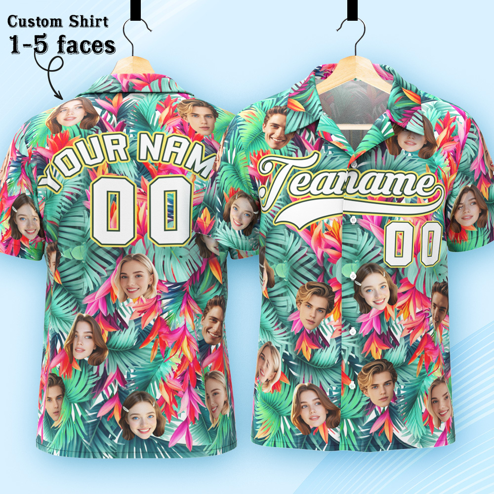 Custom Hawaiian Shirt with Face Teamname Name Number Personalized Hawaii Floral Shirt for Men Women - makephotopuzzleuk