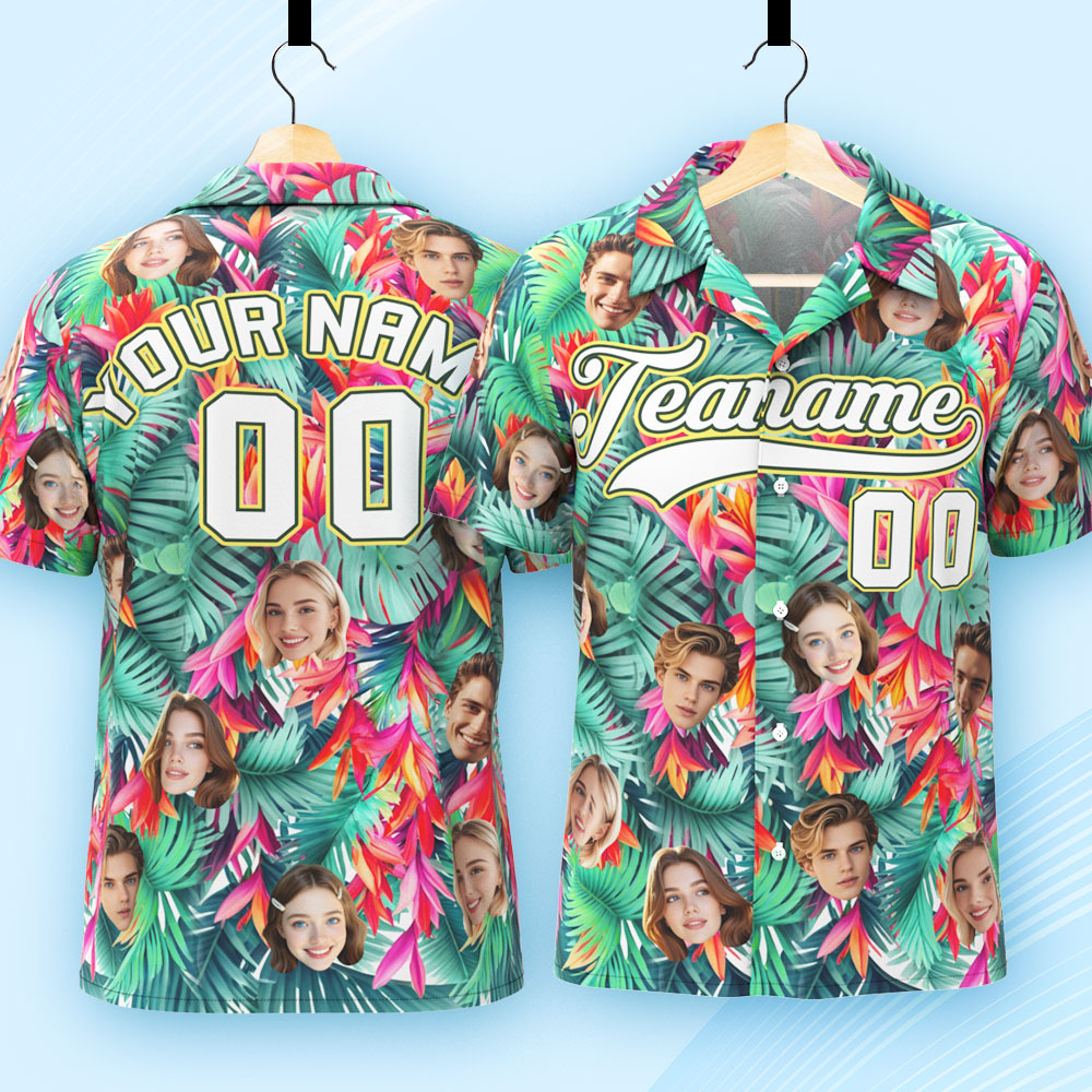 Custom Hawaiian Shirt with Face Teamname Name Number Personalized Hawaii Floral Shirt for Men Women - makephotopuzzleuk