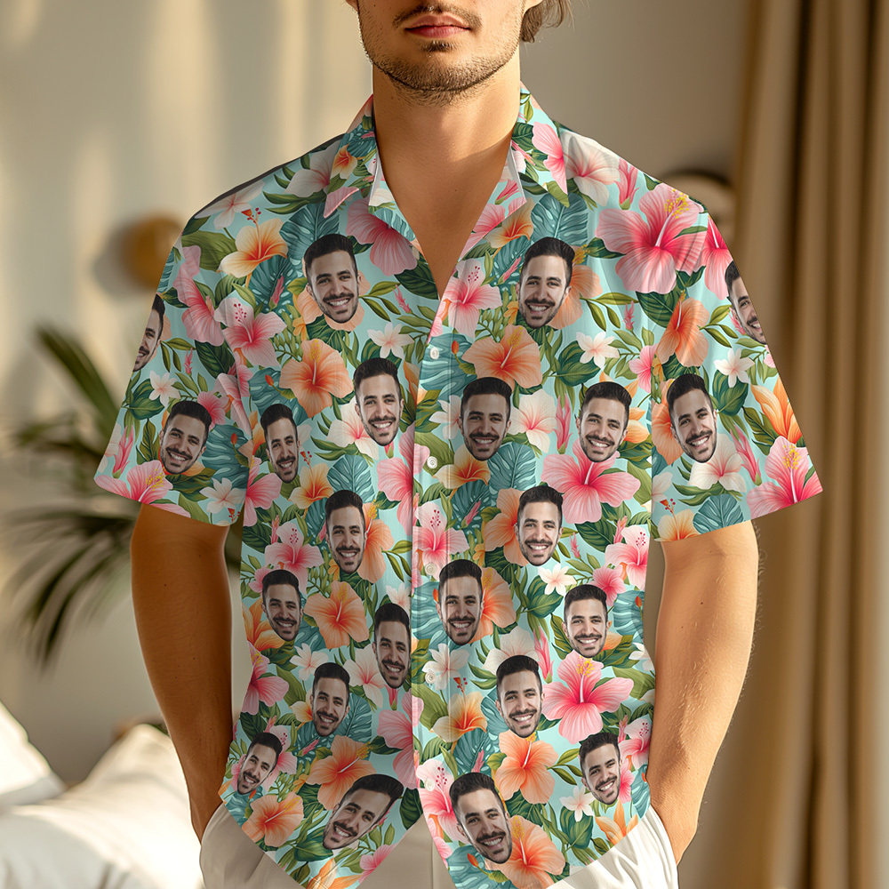 Custom Face Hawaiian Shirt Tropical Flowers Print Funny Personalized Summer Outfit - makephotopuzzleuk