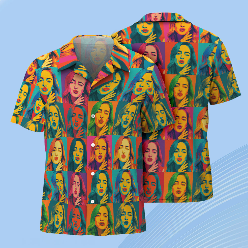 Pop Art Custom Face Hawaiian Shirt Bold Colorful Pattern Fun Personalized Gift - makephotopuzzleuk